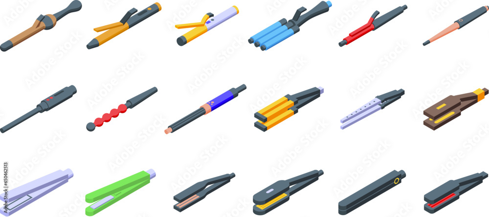Curling Iron icons set isometric vector. Fashion girl. Hair beauty