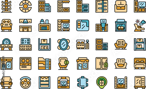 Furniture store icons set outline vector. House wood. Store room thin line color flat on white isolated