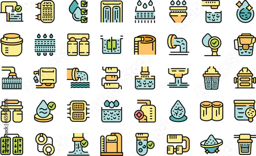 Filter for water purification icons set outline vector. Treatment tank. Sewage pipe thin line color flat on white isolated