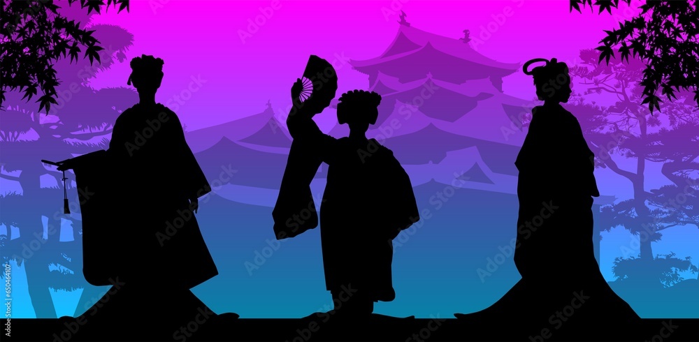 silueta, mujer, asia, asiatica, paraguas, japonesas, chinas, cultura, kimono
