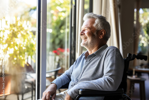 A smiling retired senior at home, sitting in a wheelchair looking out of a window
