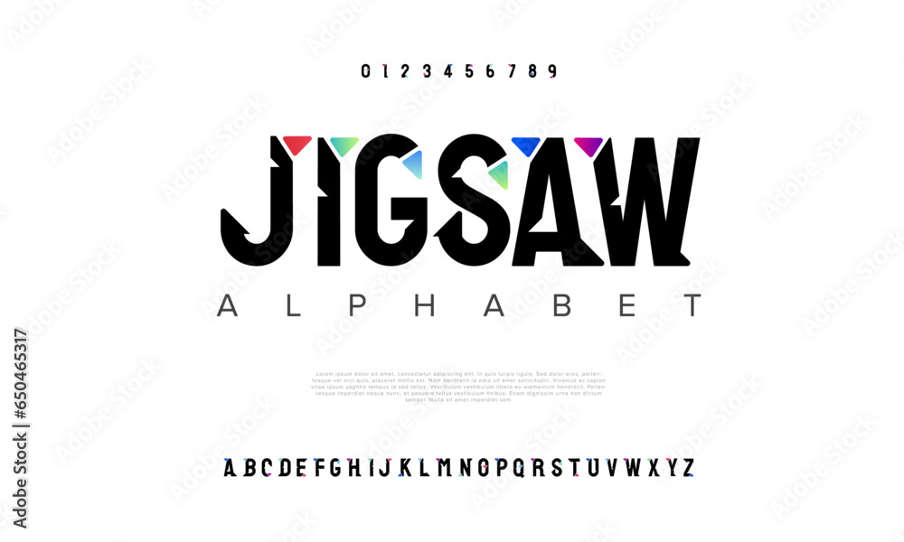 Jigsaw creative modern urban alphabet font. Digital abstract moslem, futuristic, fashion, sport, minimal technology typography. Simple numeric vector illustration