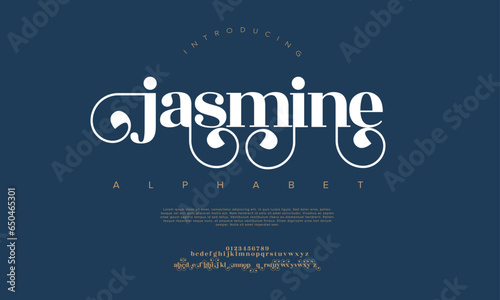 Jasmine premium luxury elegant alphabet letters and numbers. Elegant wedding typography classic serif font decorative vintage retro. Creative vector illustration