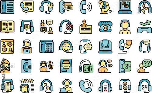 Call a consultant icons set outline vector. Support center. Desk help thin line color flat on white isolated