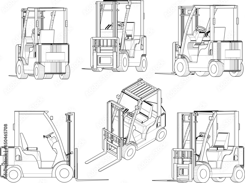 Vector sketch illustration of car design, heavy equipment forklift for lifting goods