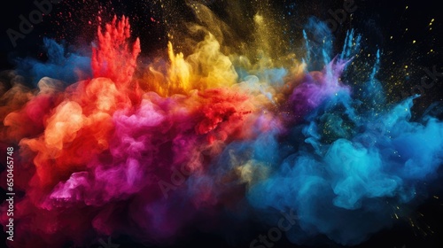 Colored powder explosion abstract closeup of dust splash on black backdrop. © morepiixel