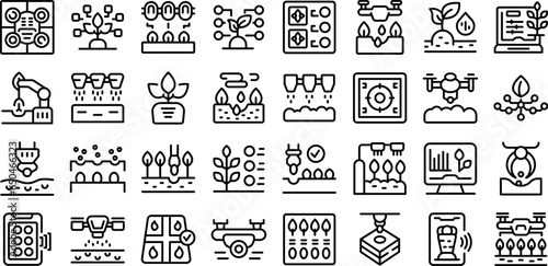 Automated plant seeding icons set outline vector. Nature farm. Plant innovation