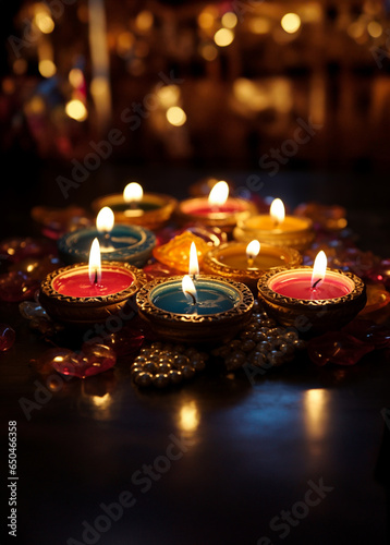 traditional oil lamps set on a floor for diwali festival