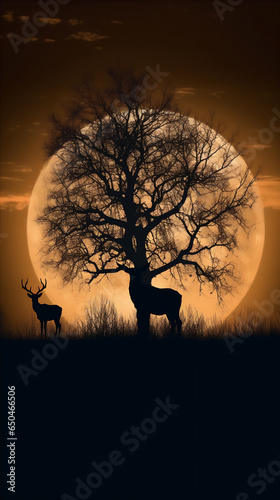 silhouette of male deer in the dreamy deep forest in the misty morning  giant trees  river  reflection  ray of light  dramatic light and shadows  hyper realistic photo.