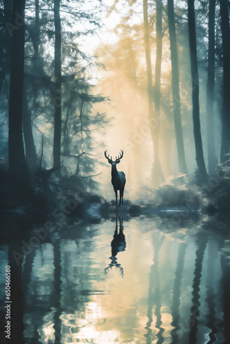 silhouette of male deer in the dreamy deep forest in the misty morning  giant trees  river  reflection  ray of light  dramatic light and shadows  hyper realistic photo.