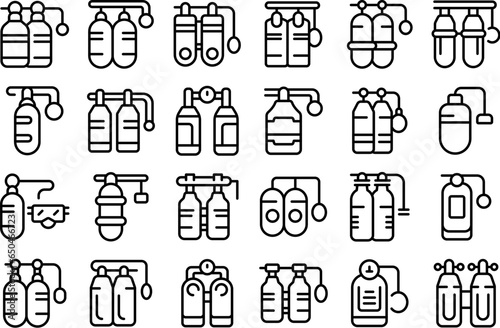 Diving cylinders icons set outline vector. Submarine bottle. Oxygen water