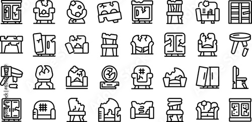 Broken furniture icons set outline vector. Interior room. Damage broken
