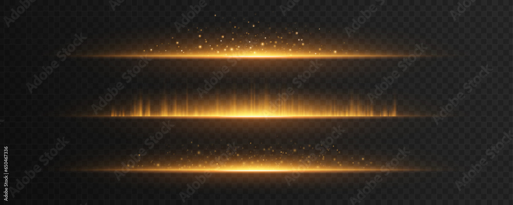 Set of sparkling backlights isolated on dark transparent background. Bright golden flash with flying magical particles. Magic light effects with dynamic rays. Vector illustration.