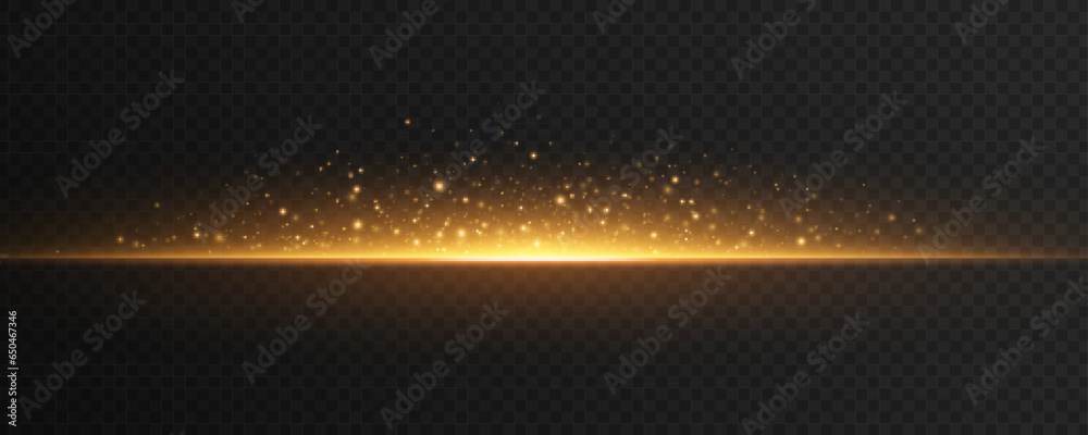 Sparkling backlight isolated on dark transparent background. Bright golden flash with dynamic magical particles. Magic light effect. Vector illustration.