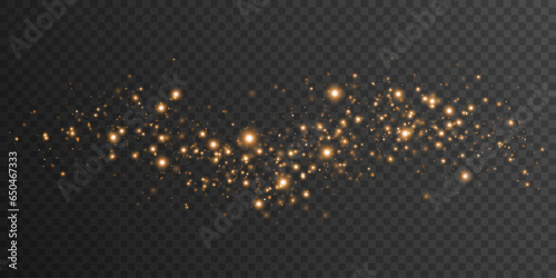 Light effect of dynamic golden magical dust isolated on dark transparent background. Flying glowing particles with lights bokeh. Glittering graphic elements. Vector illustration.