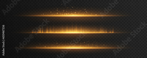 Set of sparkling backlights isolated on dark transparent background. Bright golden flash with flying magical particles. Magic light effects with dynamic rays. Vector illustration.