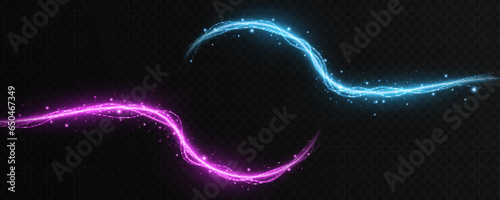 Abstract glowing neon frame made of luminous curved lines with flying magical golden particles isolated on dark transparent background. Sparkling wavy light effect. Vector illustration.