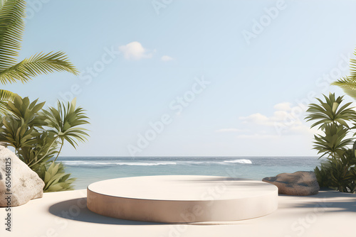 Product display stone podium on sea view background, Empty minimal stage design with Summer holiday sea beach sky cloud, ai generate