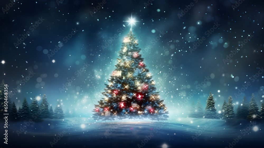 christmas tree with lights, stars and snow