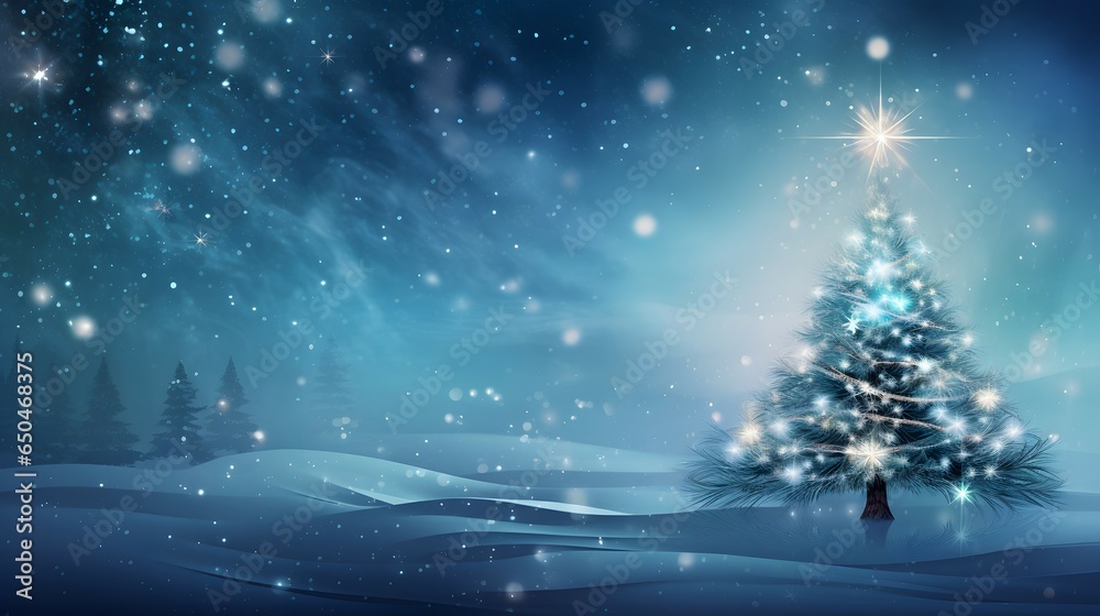 christmas tree with lights, stars and snow christmas tree with lights, stars and snow