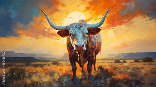Texas longhorn steer at sunset abstract painting	

