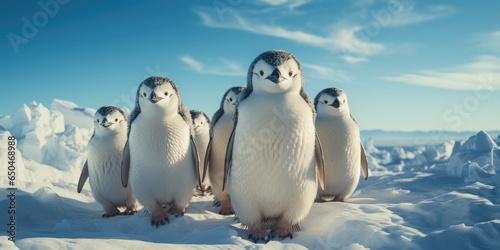 a group of penguins walking across the snow outside antarctica, generative AI