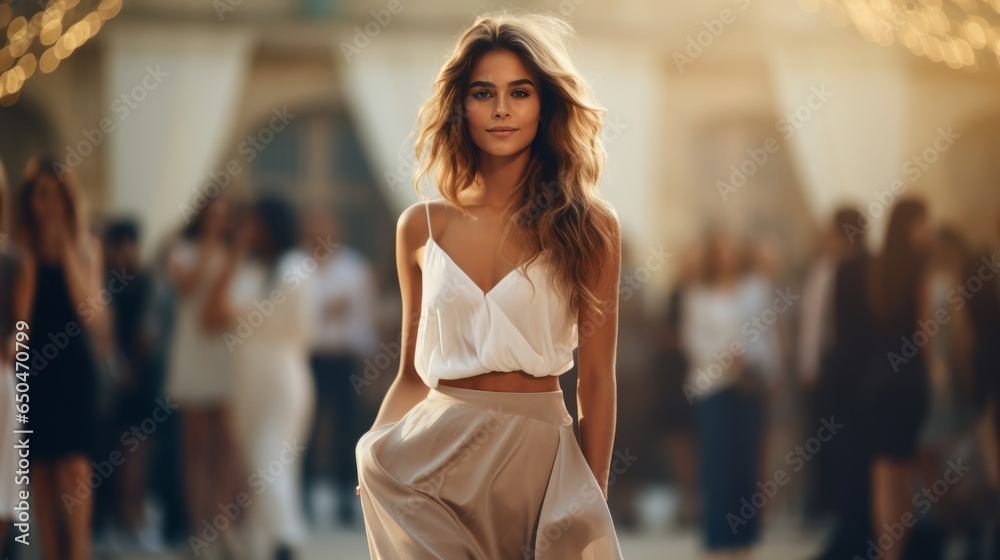 beautiful professional female model in clothing on a walking podium stage at a fashion show week evening in milano, italy. designers and photographers sitting. blurry background. Generative AI