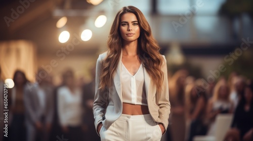 beautiful professional female model in a white suit on a walking podium stage at a fashion show week evening in milan, italy. designers and photographers sitting. blurry background. Generative AI