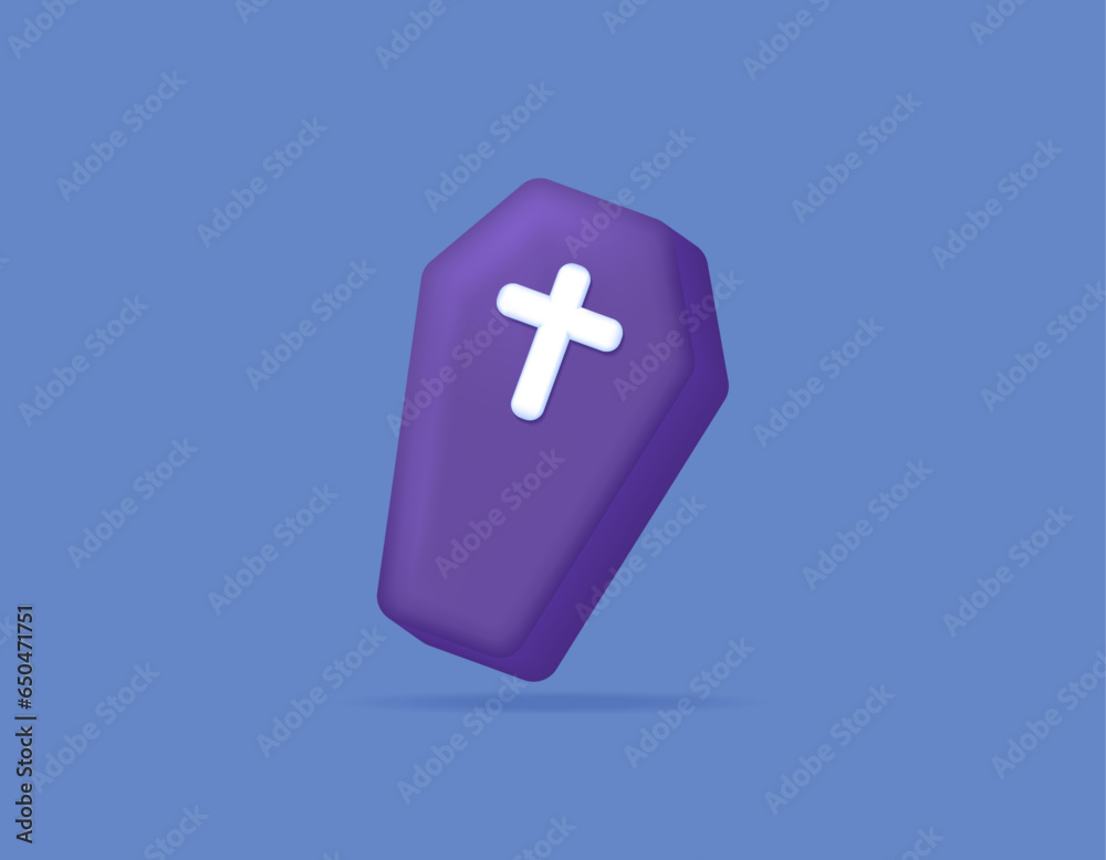 Fototapeta premium 3d coffin. burial box. icon or symbol. minimalistic 3d illustration design. halloween design elements. vector. blue background
