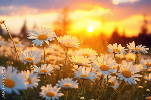 Beautiful wild flowers chamomile at sunset