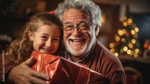 Happy senior man hugs granddaughter while receiving Christmas gifts at home