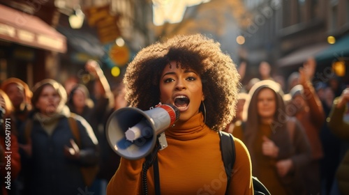 Young black woman shouts into a megaphone at a protest against racism. © sirisakboakaew