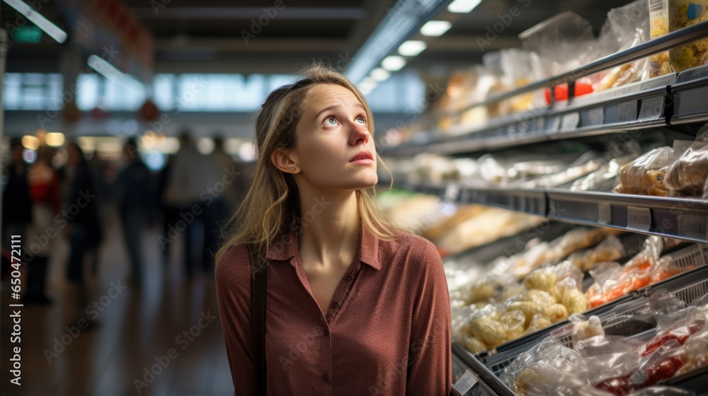 A young woman is shopping in the supermarket and is worried about the rising food prices.