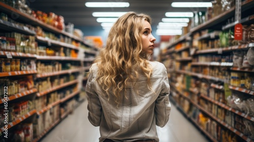 A young woman is shopping in the supermarket and is worried about the rising food prices.