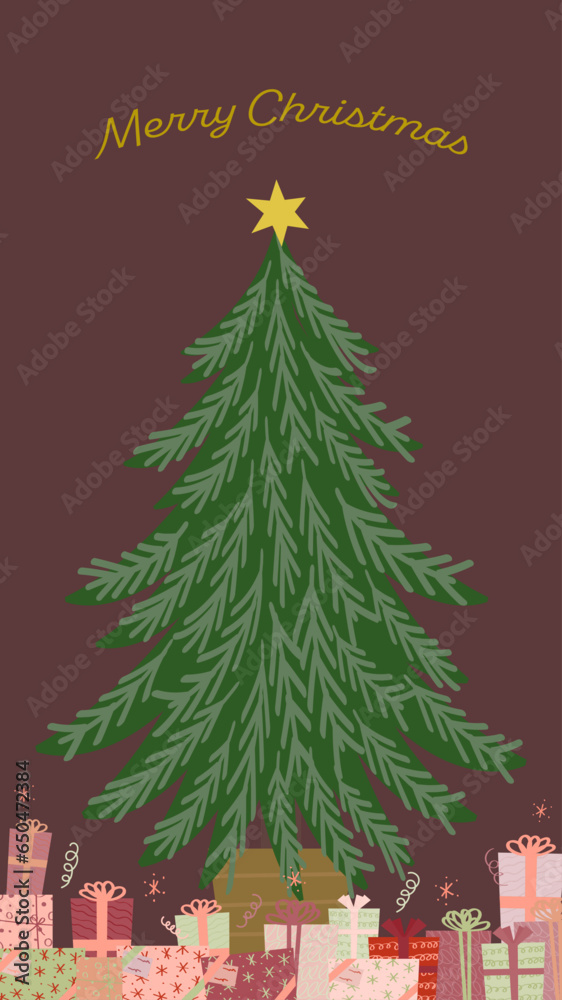 Fototapeta premium カラフルなギフトボックスとクリスマスツリーのフレーム