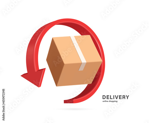 red arrow rotates around parcel box or cardboard box to represent recycling of paper or to signify that parcel box is being returned to sender