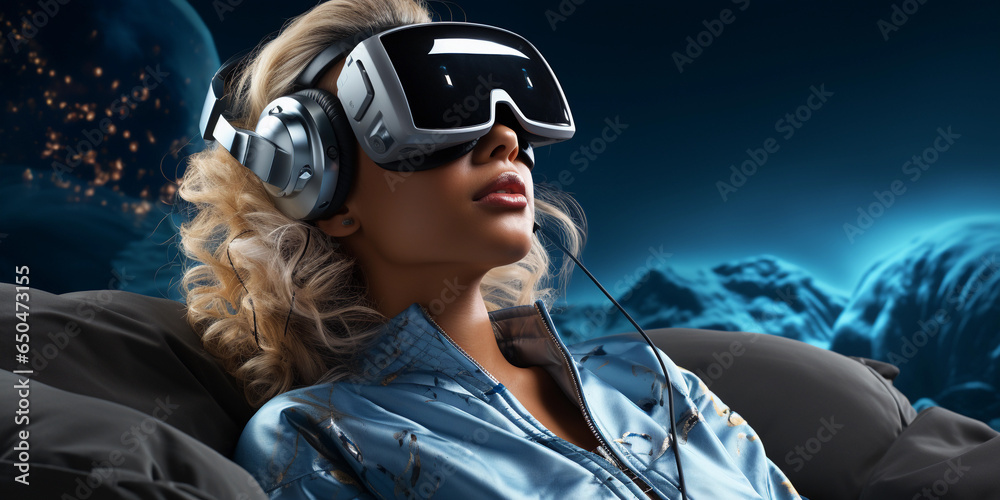 A woman wearing virtual reality headset A woman wearing virtual reality headset