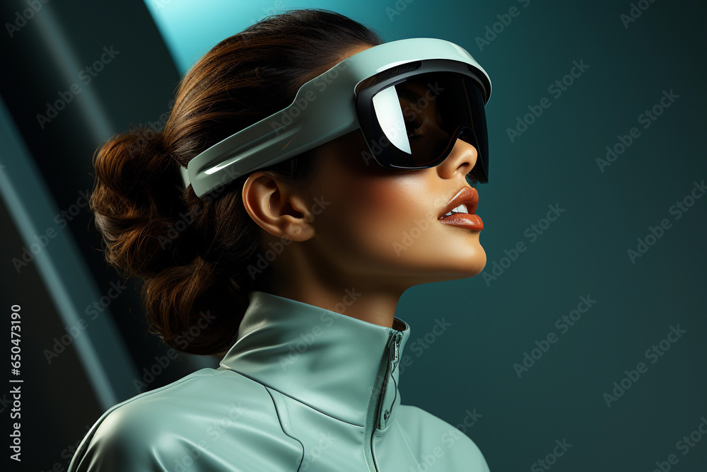 A woman wearing virtual reality headset. Future technology concept A woman wearing virtual reality headset. Future technology concept