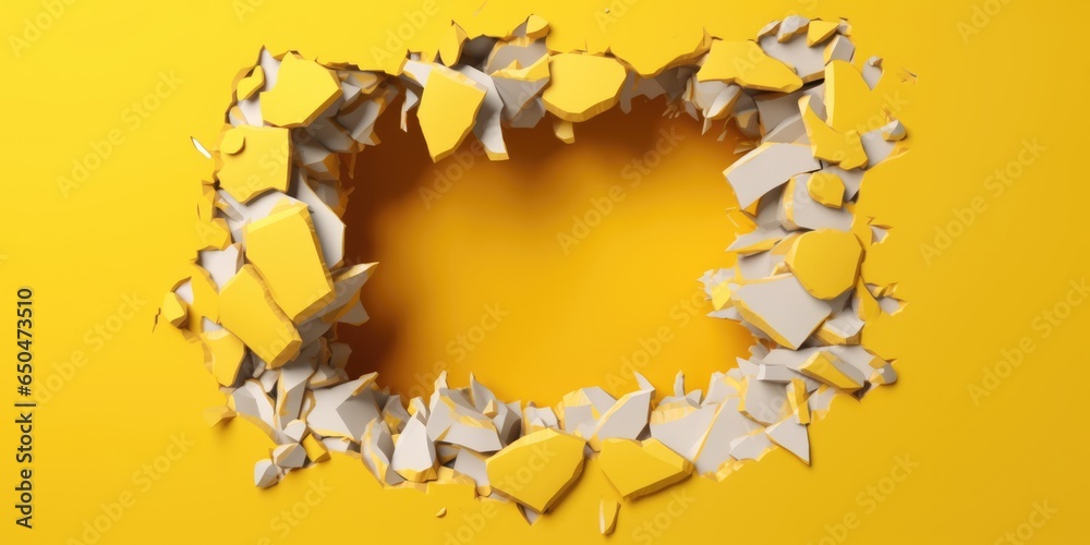 Breaking out of a hole in solid Yellow wall, torn hole, empty copy space frame, mockup. Generative AI image weber. - obrazy, fototapety, plakaty 