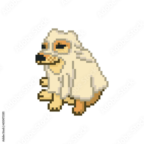 Dog dressed as a ghost, pixel art meme