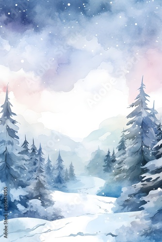 Watercolor Christmas Forest with snow, background, wallpaper, postcard, scenery 