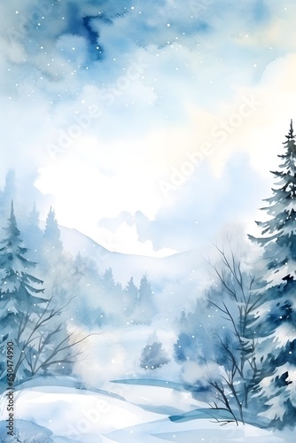Watercolor Christmas Forest with snow, background, wallpaper, postcard, scenery 
