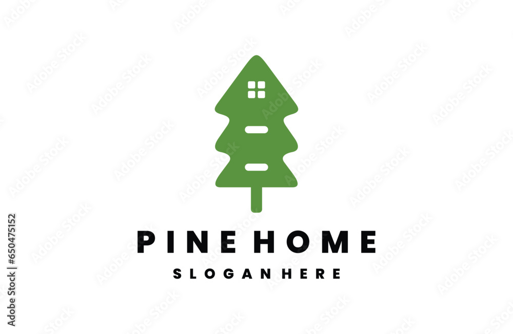 green pine tree with home logo symbol vector design illustration