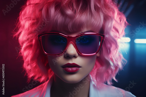 Portrait of a beautiful young woman in sunglasses on a background of neon lights