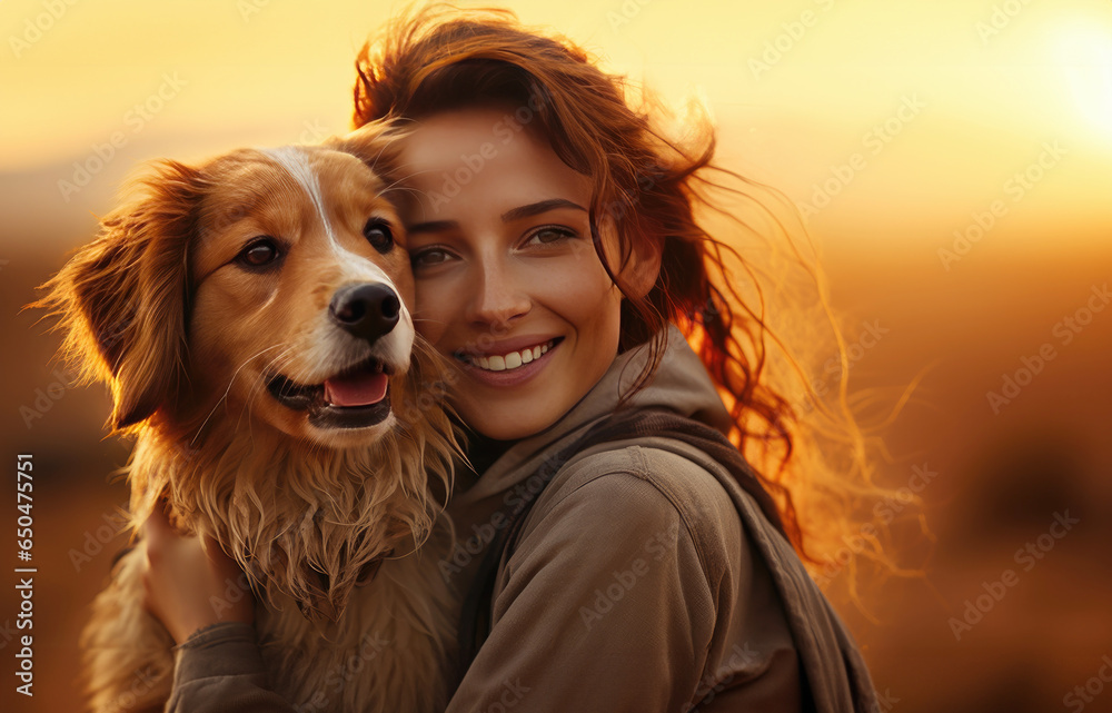 Girl hugging her dog near sunset and happy