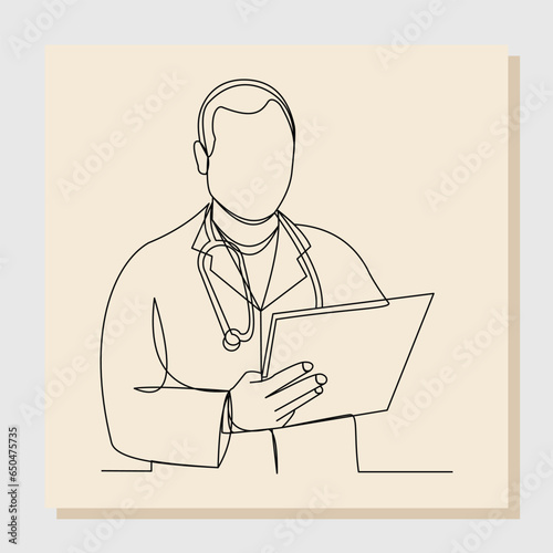 Continuous single one line drawing of man doctor holding patient paper document. Vector illustration.