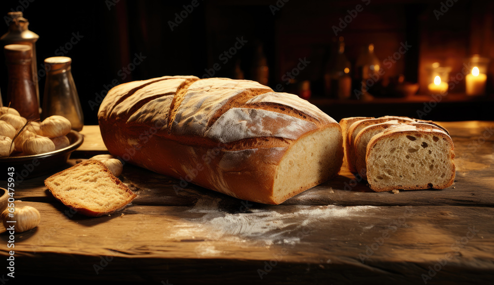 Fresh bread on the wood table.