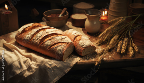 Fresh bread and wheat on the wood table.