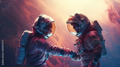 Astronaut couple holding each other's hands on space sky background, imagination of love passion fantasy. Generative AI image weber.