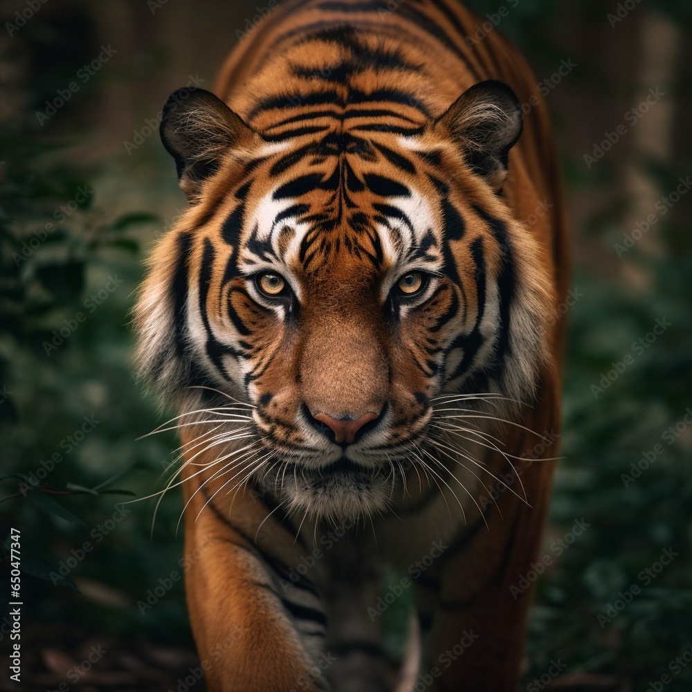 Fototapeta premium Generative AI : A portrait of a tiger with piercing eyes, set against a lush jungle background